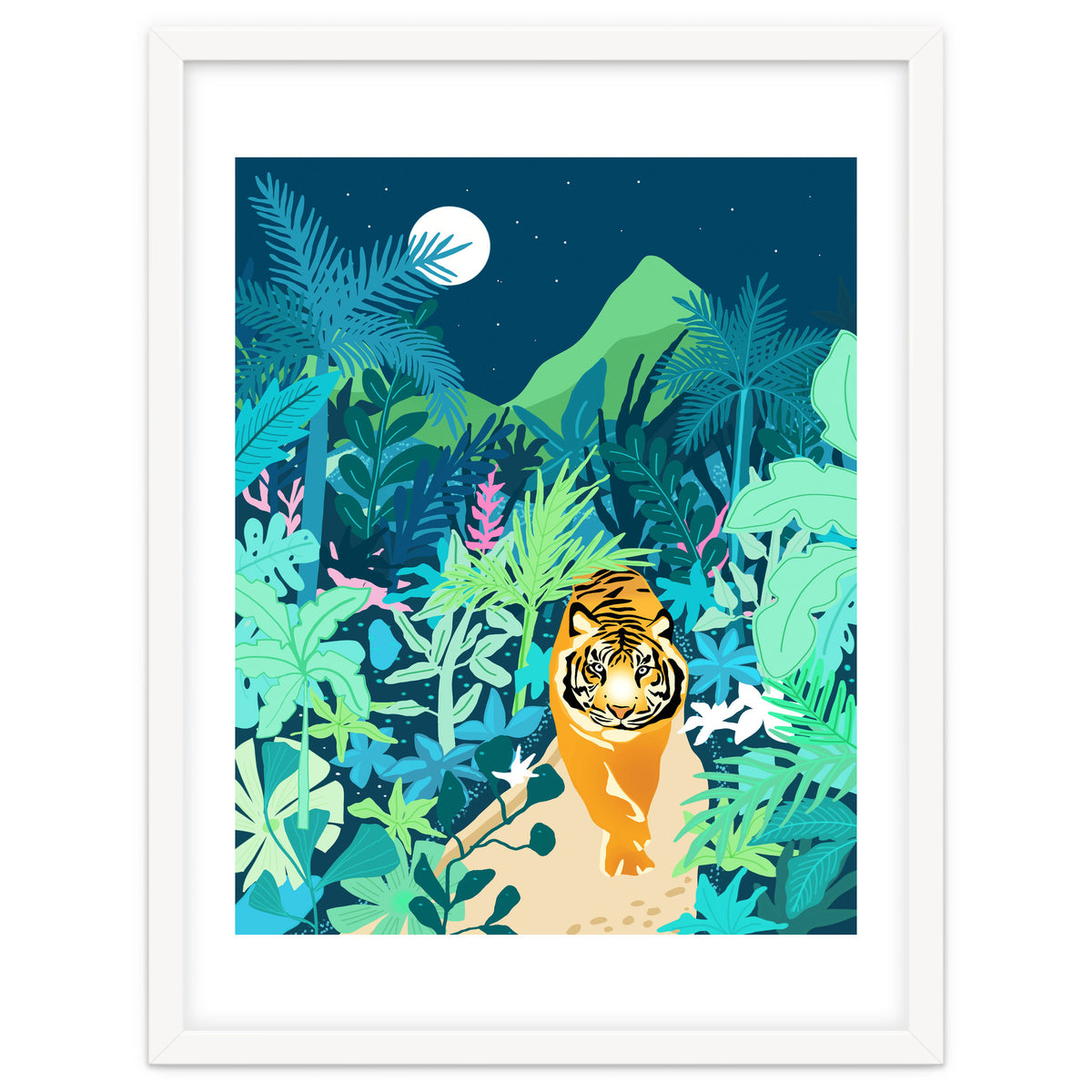 Tiger Walk, Bohemian Jungle Maximalist Nature, Botanical Forest Plants Moon Wild Animals