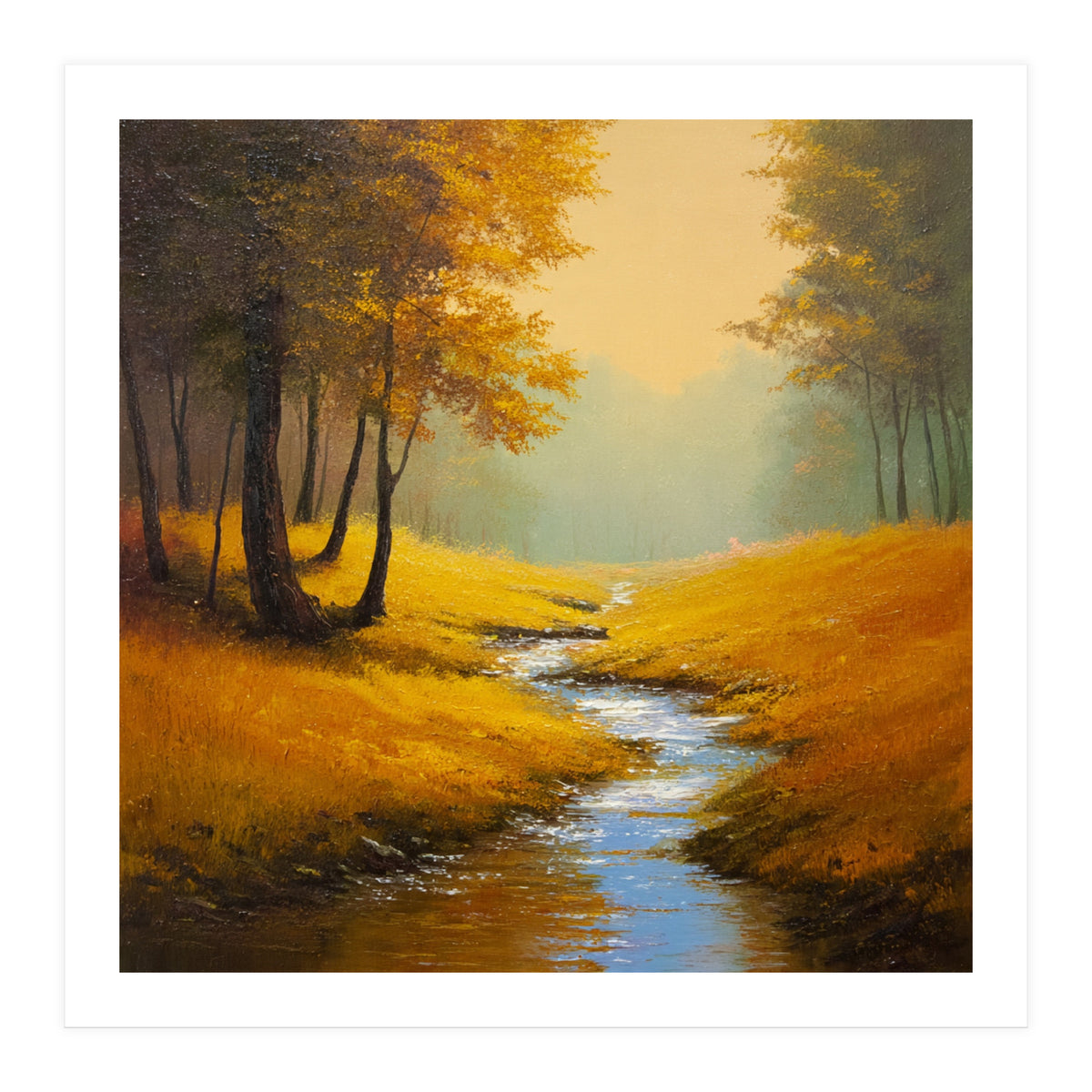 Golden Autumn Forest Path with Winding Creek (Print Only)