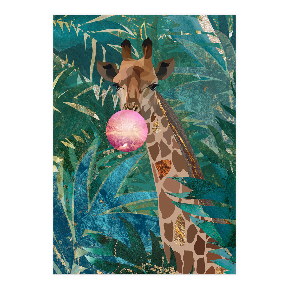 Giraffe blowing a bubble in the jungle (Print Only)