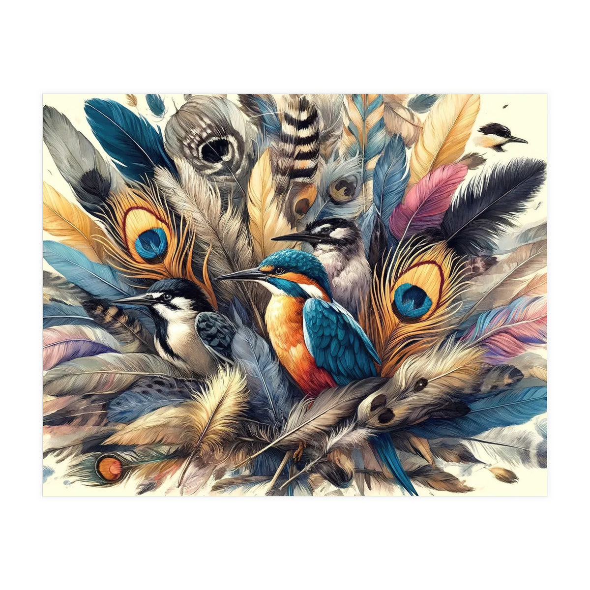 Kingfisher And Songbirds In Peacock Feathers (Print Only)
