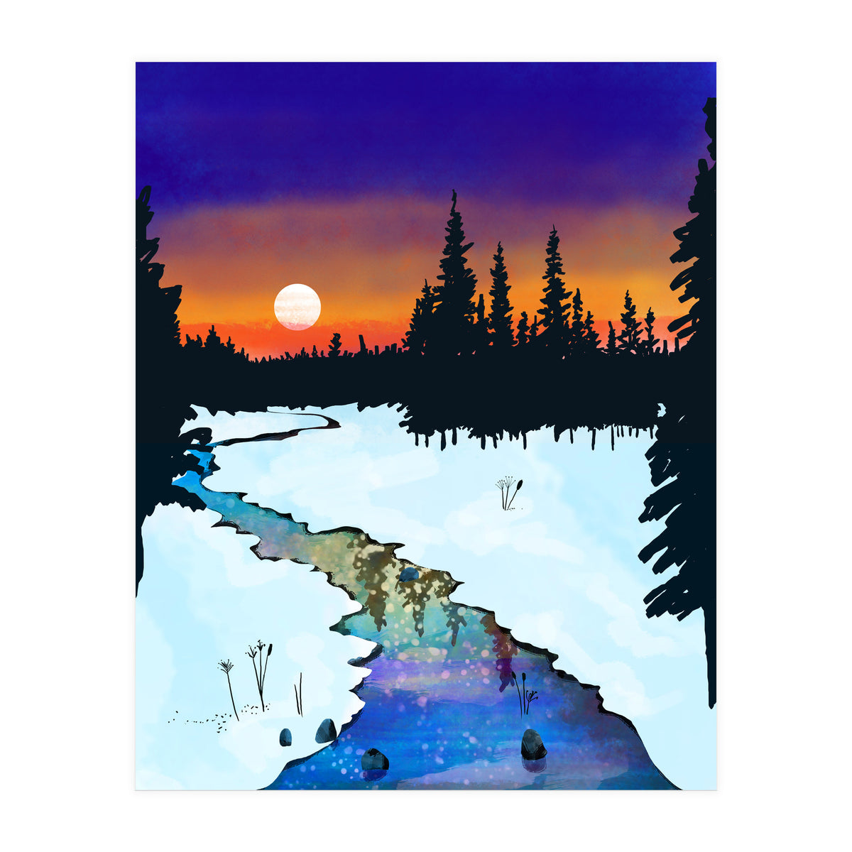 Purple Midnight, Snow River Full Moon Nature Landscape Painting, Winter Travel Adventure Places (Print Only)