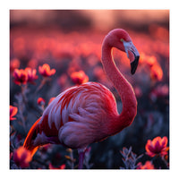 Pink Flamingo Bird Standing Among Flowers At Sunset (Print Only)