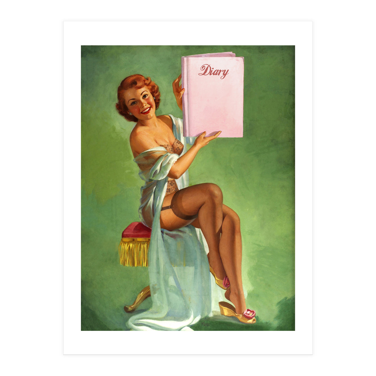 Pinup Girl Posing With Her Big Diary Book (Print Only)