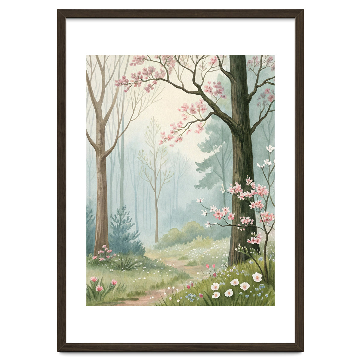 Enchanted Spring Woodland Path with Blooming Cherry Blossoms and Misty Pastel Forest Atmosphere