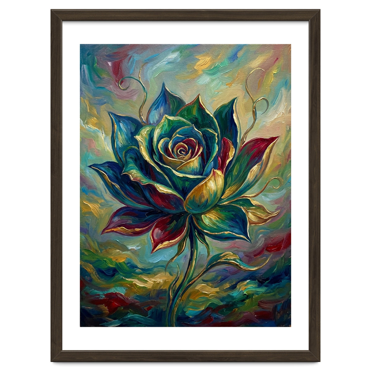 Enchanted Teal and Gold Rose Impasto Oil Painting