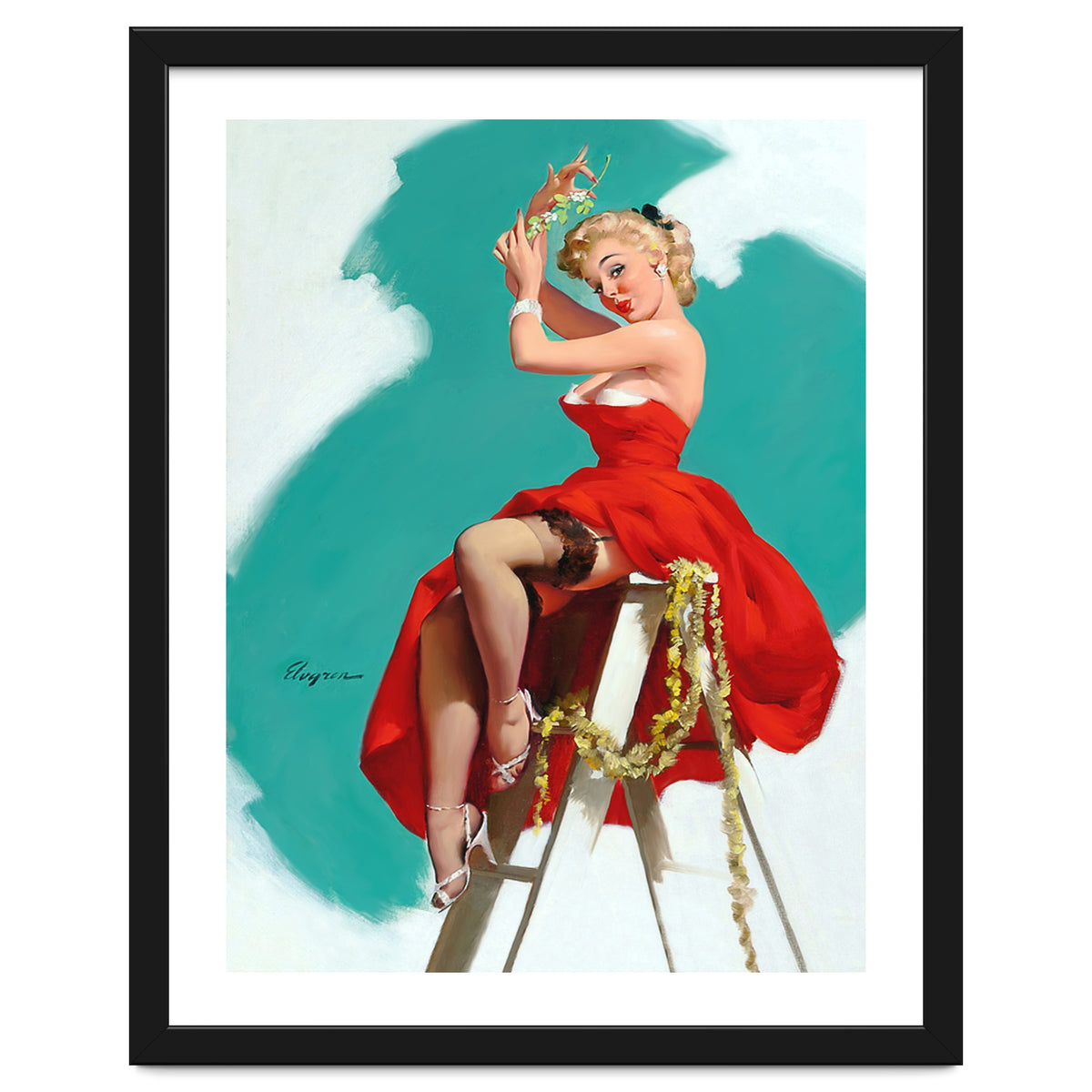 Sexy Pinup Girl In Red Dress Posing On a Ladder