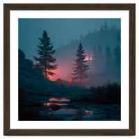 Atmospheric Twilight Pine Forest with Glowing Crimson Light