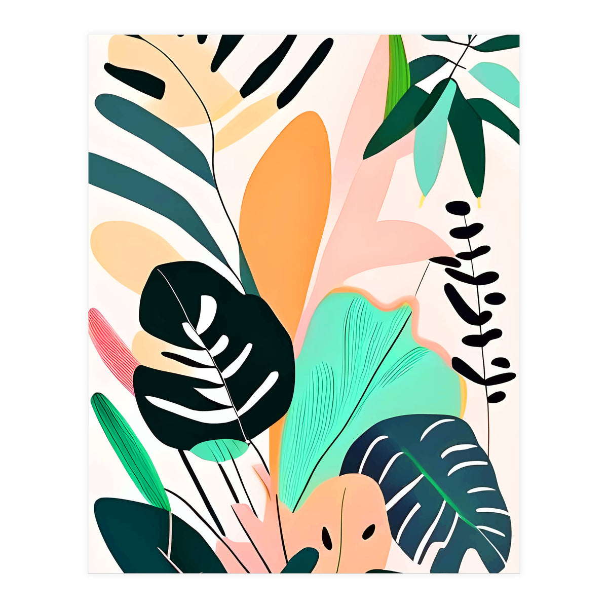 Pastello, Tropical Pastel Jungle, Botanical Neutral Muted Colors, Nature Plants Drawing Monstera, Exotic Bohemian Summer (Print Only)