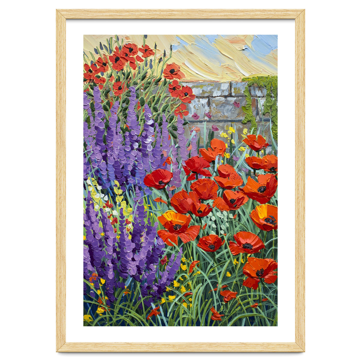 Vibrant Summer Poppy and Lavender Garden Oil Painting