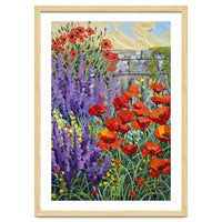 Vibrant Summer Poppy and Lavender Garden Oil Painting
