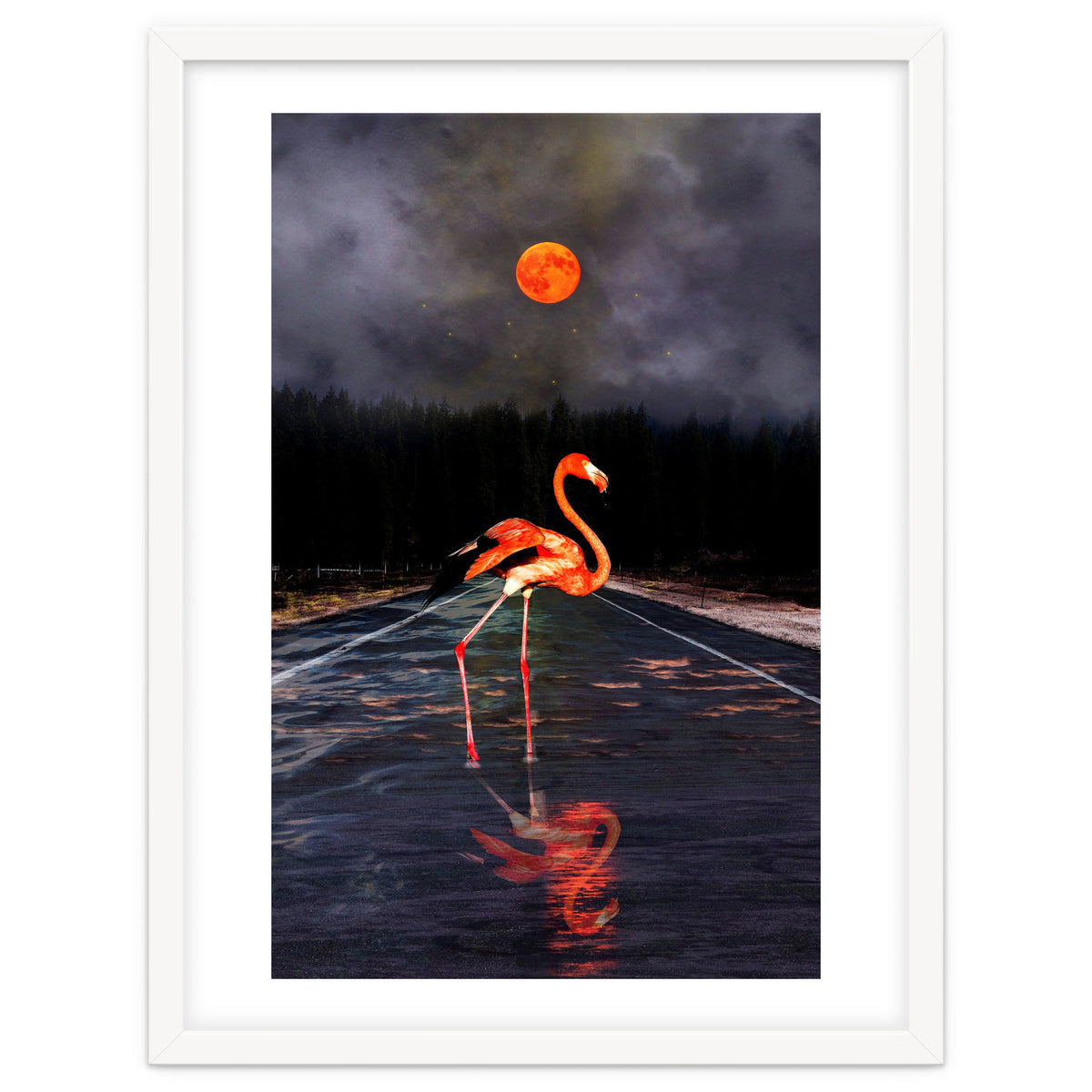 Flamingo and Red Moon