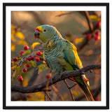 Green Parrot Perched On A Branch With Berries thumbnail