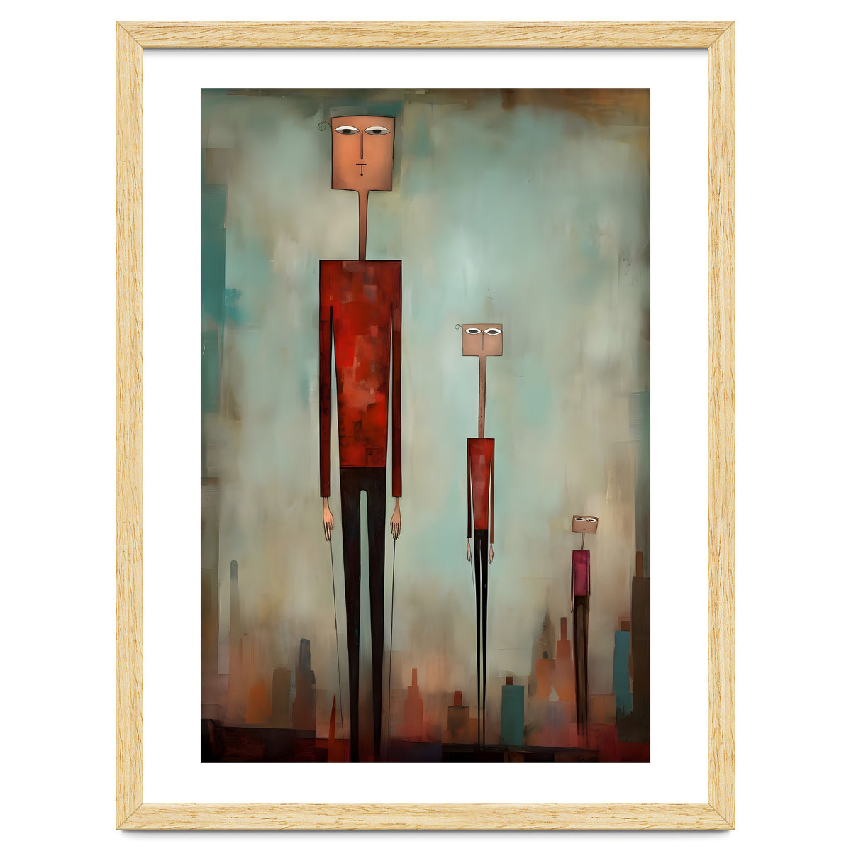 CITY HEIGHTS, three human-like forms of differing heights loom over the city below.