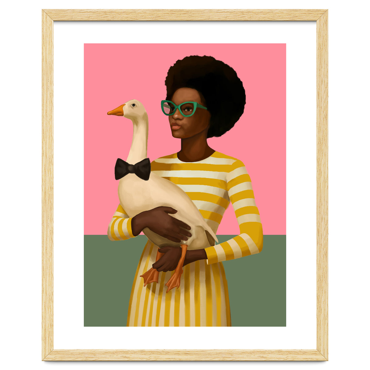 Stylish Woman Holding Goose In Striped Dress