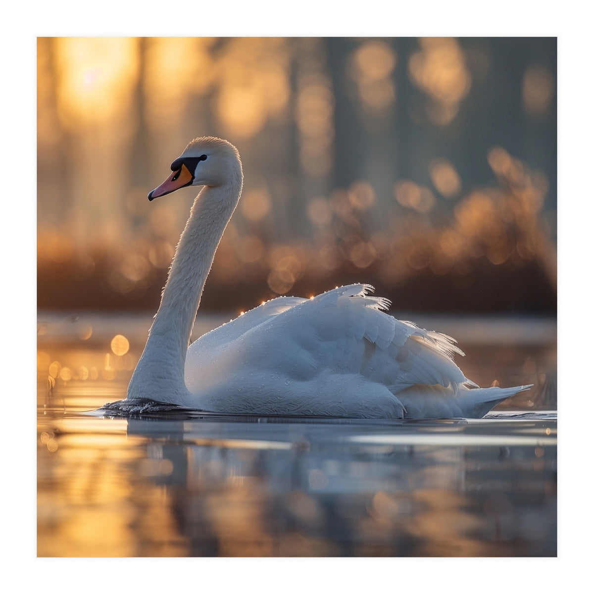 Majestic Swan Gliding On Water At Sunset (Print Only)
