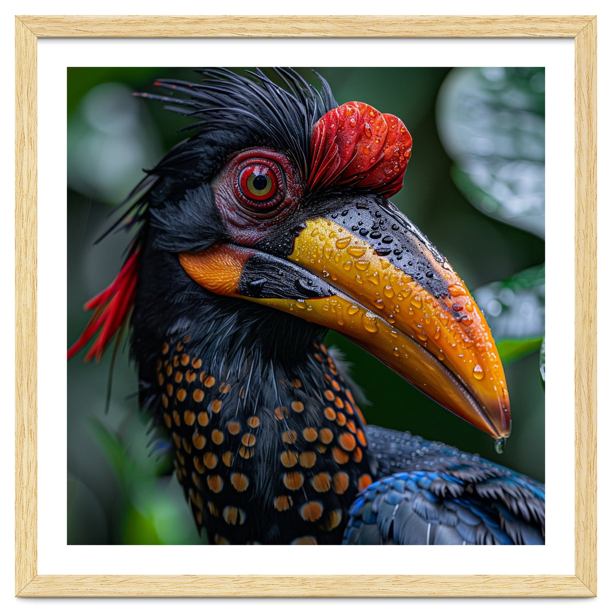 Close Up Of Helmeted Hornbill Bird In Rain