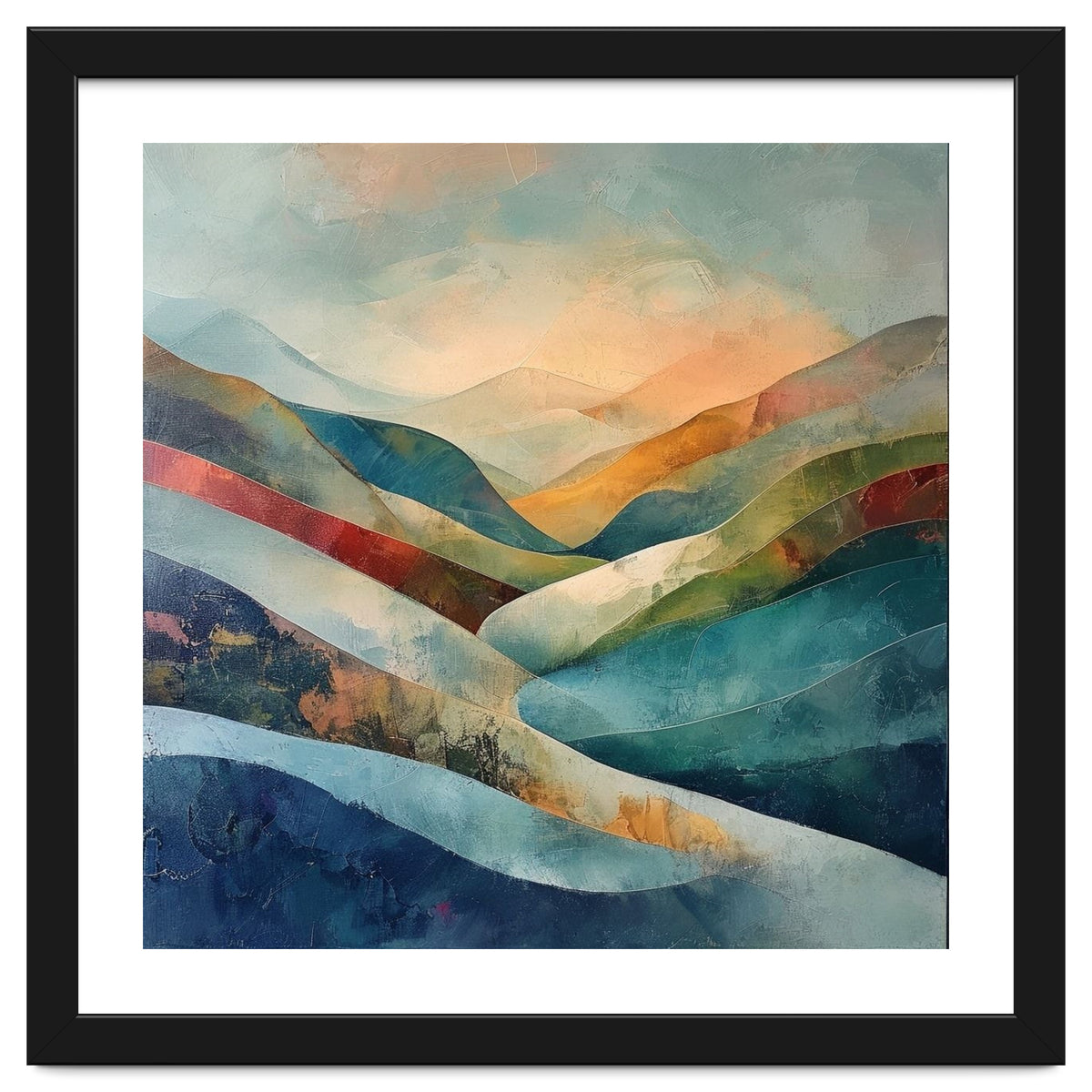 Abstract Mountain Landscape Painting with Textured Rolling Hills