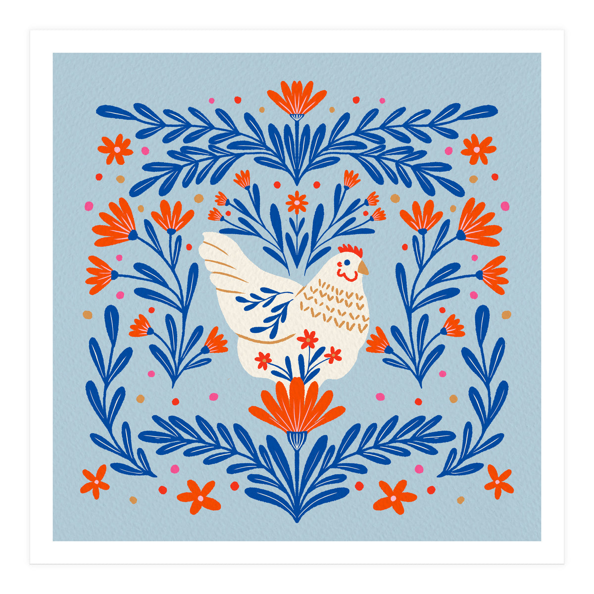 Blooming Chicken Blue And Orange (Print Only)