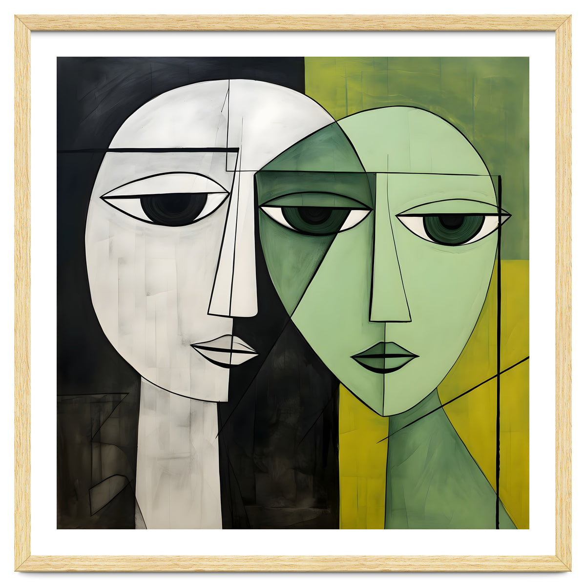 DYNAMIC FUSION, Two abstract heads converge - vibrant green tones intertwine with cool grey hues, a dance of contrast and connection.