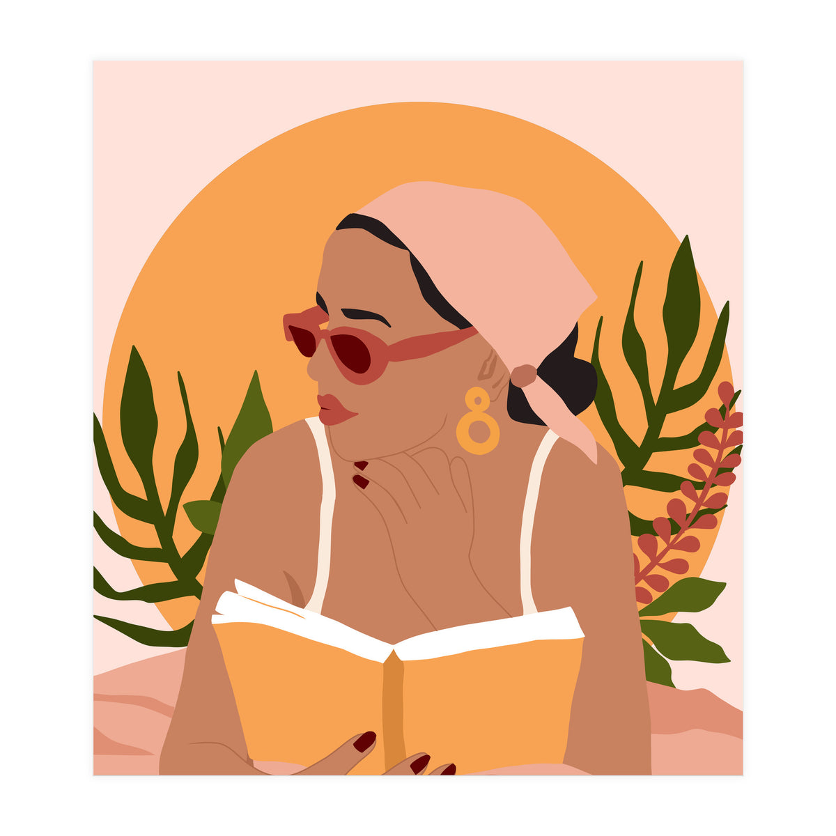 Bohemian Summer, Modern Boho Girl Reader, Books Read Self Care Self Love, Travel Hippie Nomad Black Woman (Print Only)