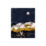 Midnight Lake, Stork Wildlife Animals Abstract Painting, Nature Landscape Travel Adventure Full Moon Night, Eclectic Gold Birds Magical Bohemian (Print Only) thumbnail