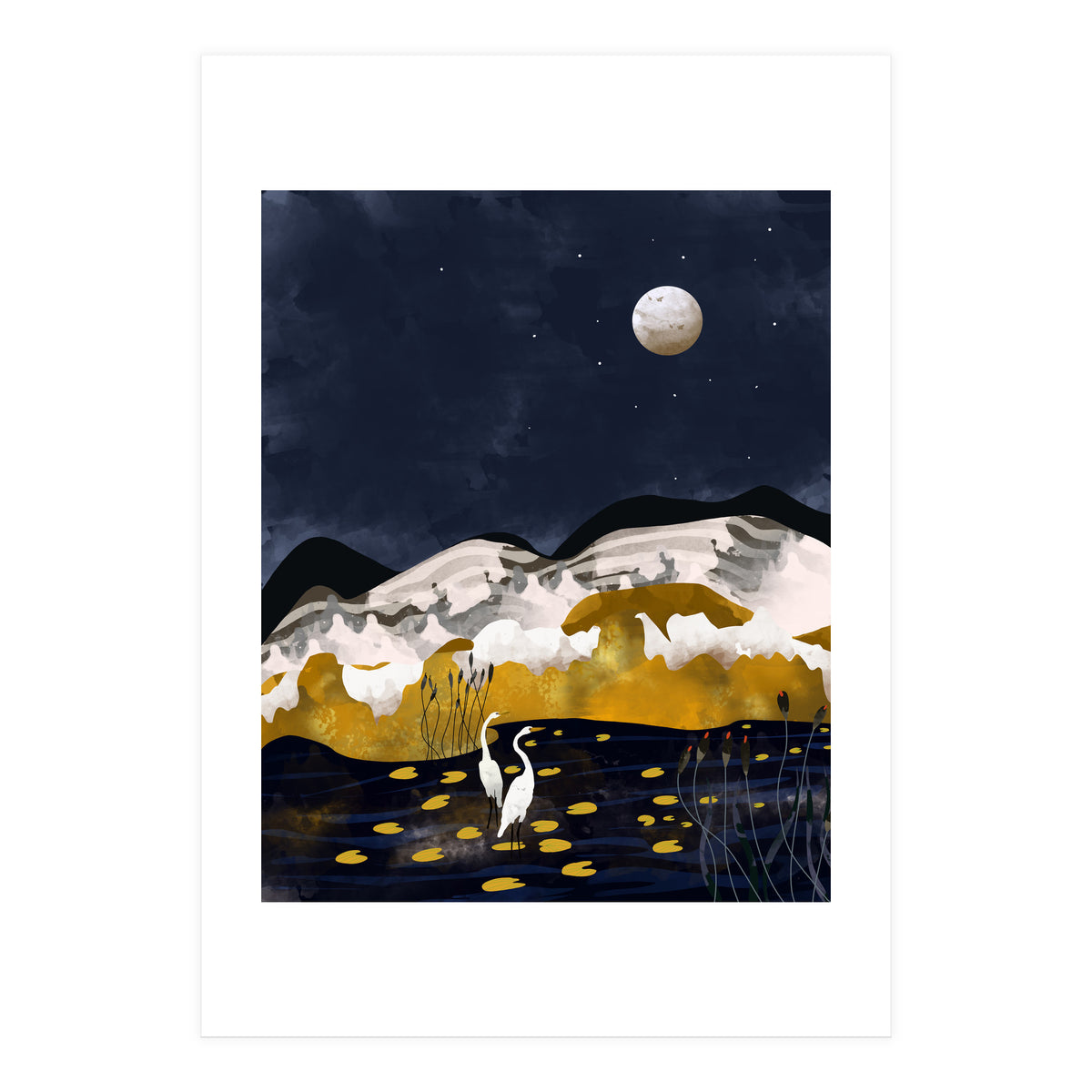 Midnight Lake, Stork Wildlife Animals Abstract Painting, Nature Landscape Travel Adventure Full Moon Night, Eclectic Gold Birds Magical Bohemian (Print Only)