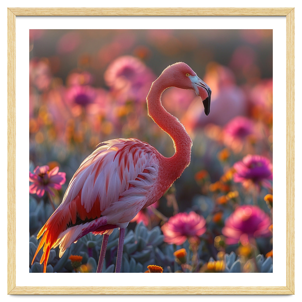 Pink Flamingo Standing In A Field Of Flowers