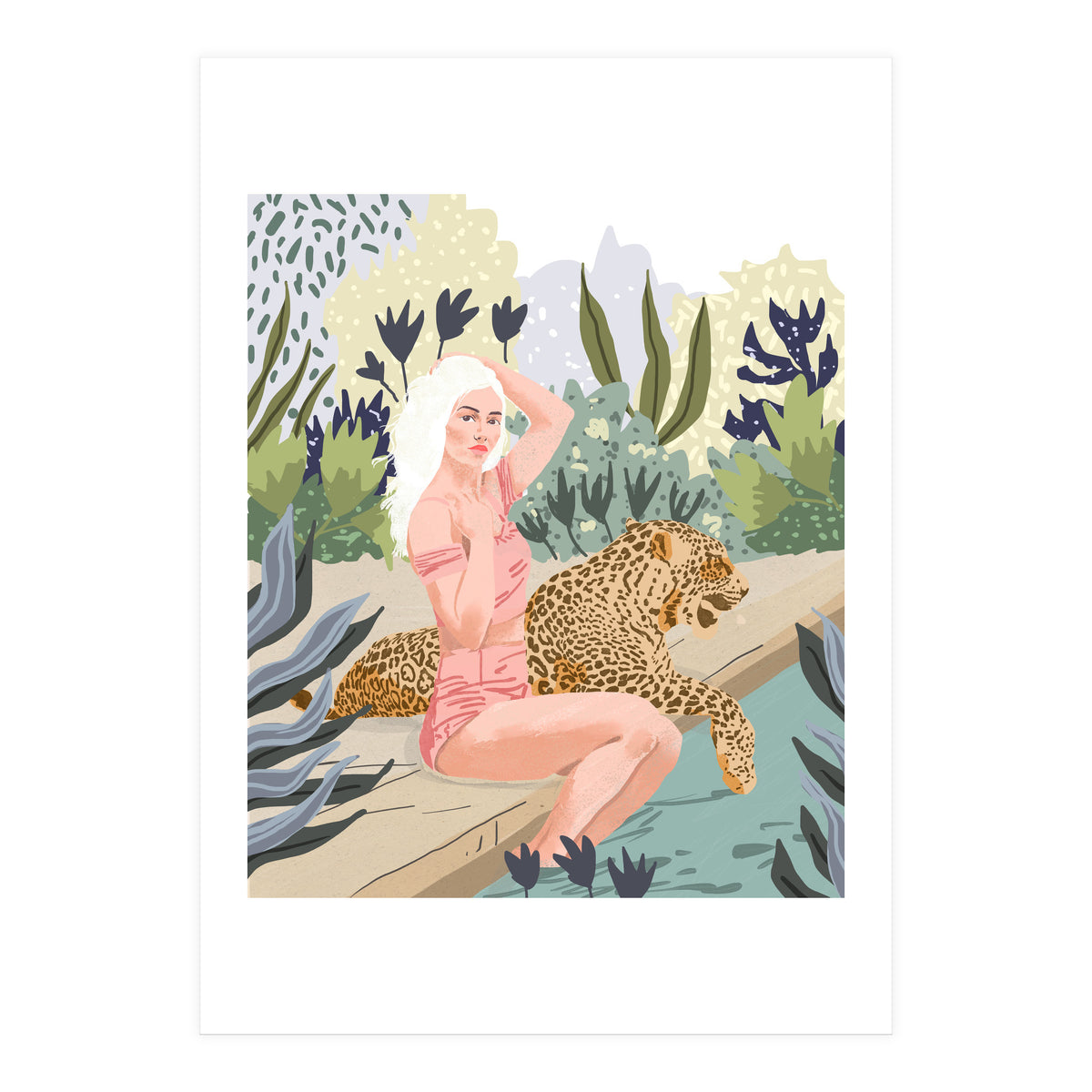 How to Train Your Leopard, Wild Cat Bohemian Woman Painting, Swimming Pool Bikini Summer Swim Animal (Print Only)