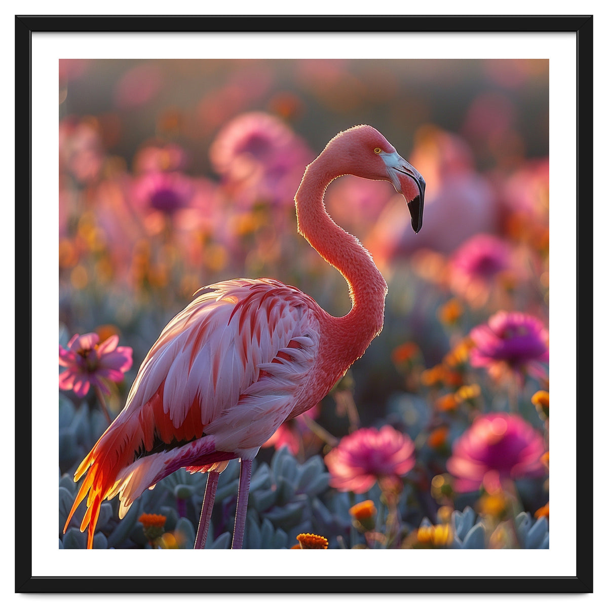 Pink Flamingo Standing In A Field Of Flowers