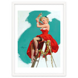 Sexy Pinup Girl In Red Dress Posing On a Ladder thumbnail