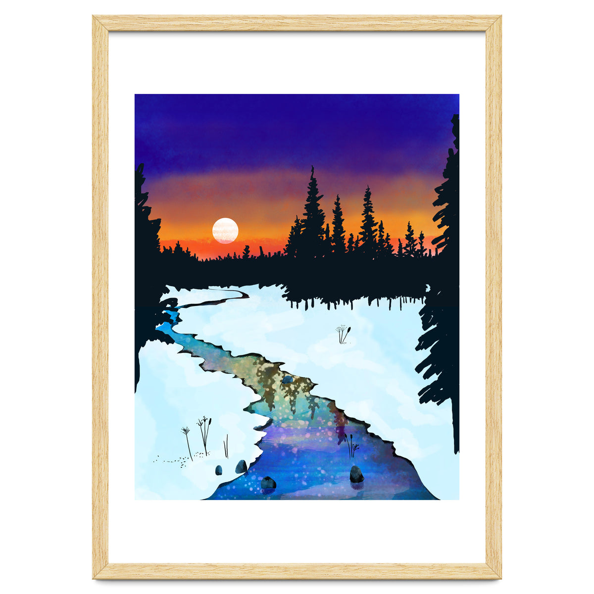Purple Midnight, Snow River Full Moon Nature Landscape Painting, Winter Travel Adventure Places