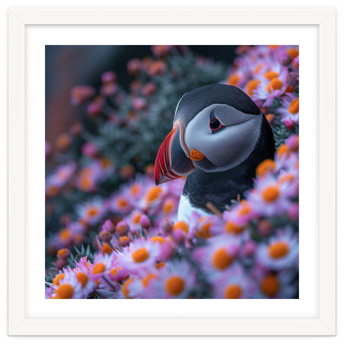 Puffin Bird Among Pink Flowers