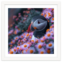 Puffin Bird Among Pink Flowers