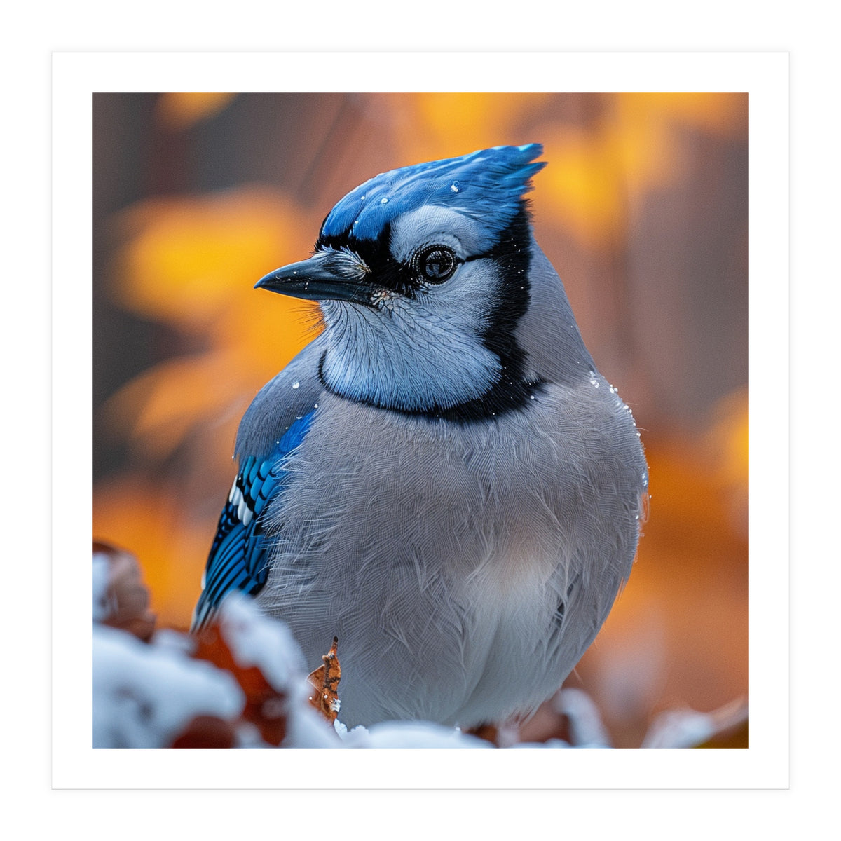 Blue Jay Bird In Winter Snowfall And Leaves (Print Only)