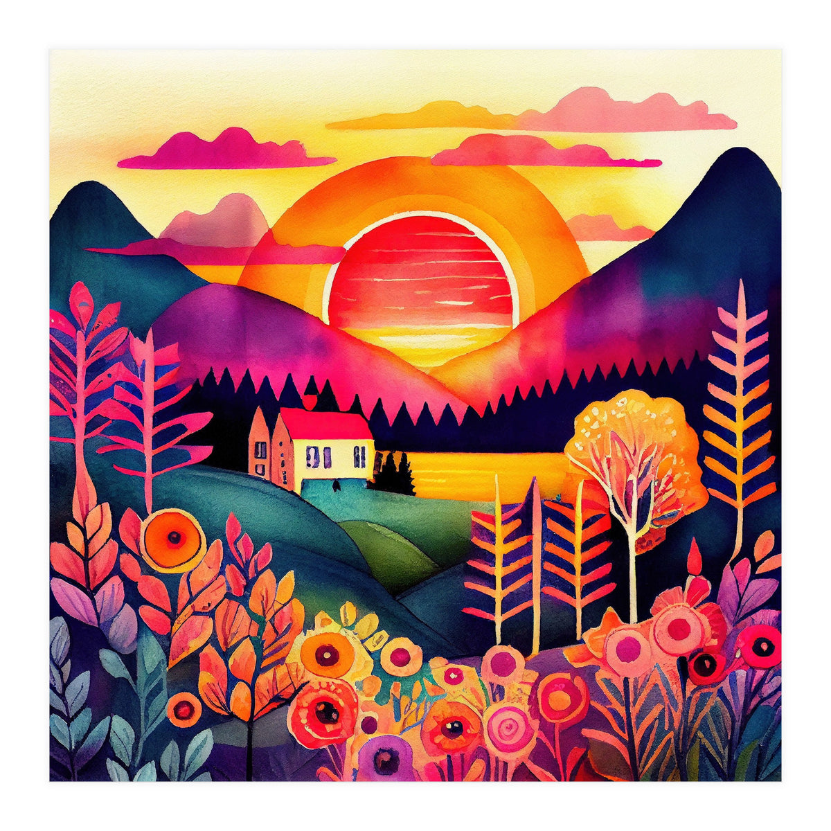 Folk Sunset Over Mountain Lake (Print Only)