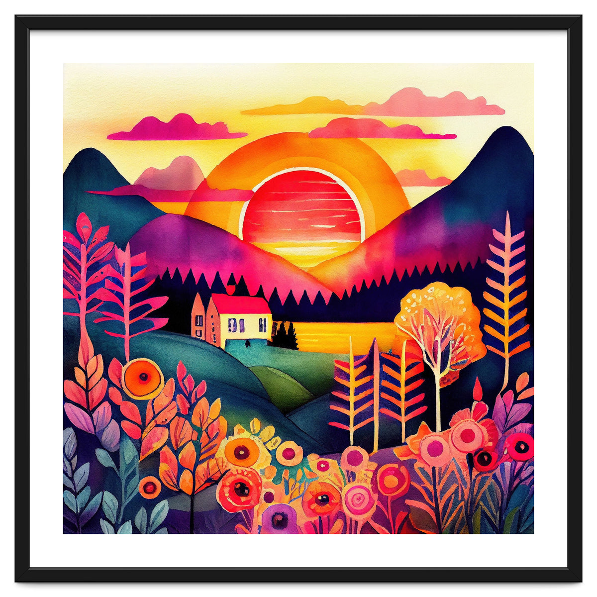 Folk Sunset Over Mountain Lake