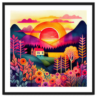 Folk Sunset Over Mountain Lake