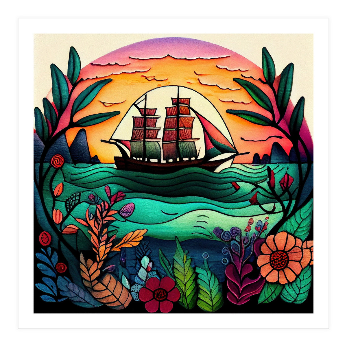 Folk Sunset Sailing Ship (Print Only)
