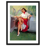 Sexy Pinup Woman Posing In Convertible Car thumbnail