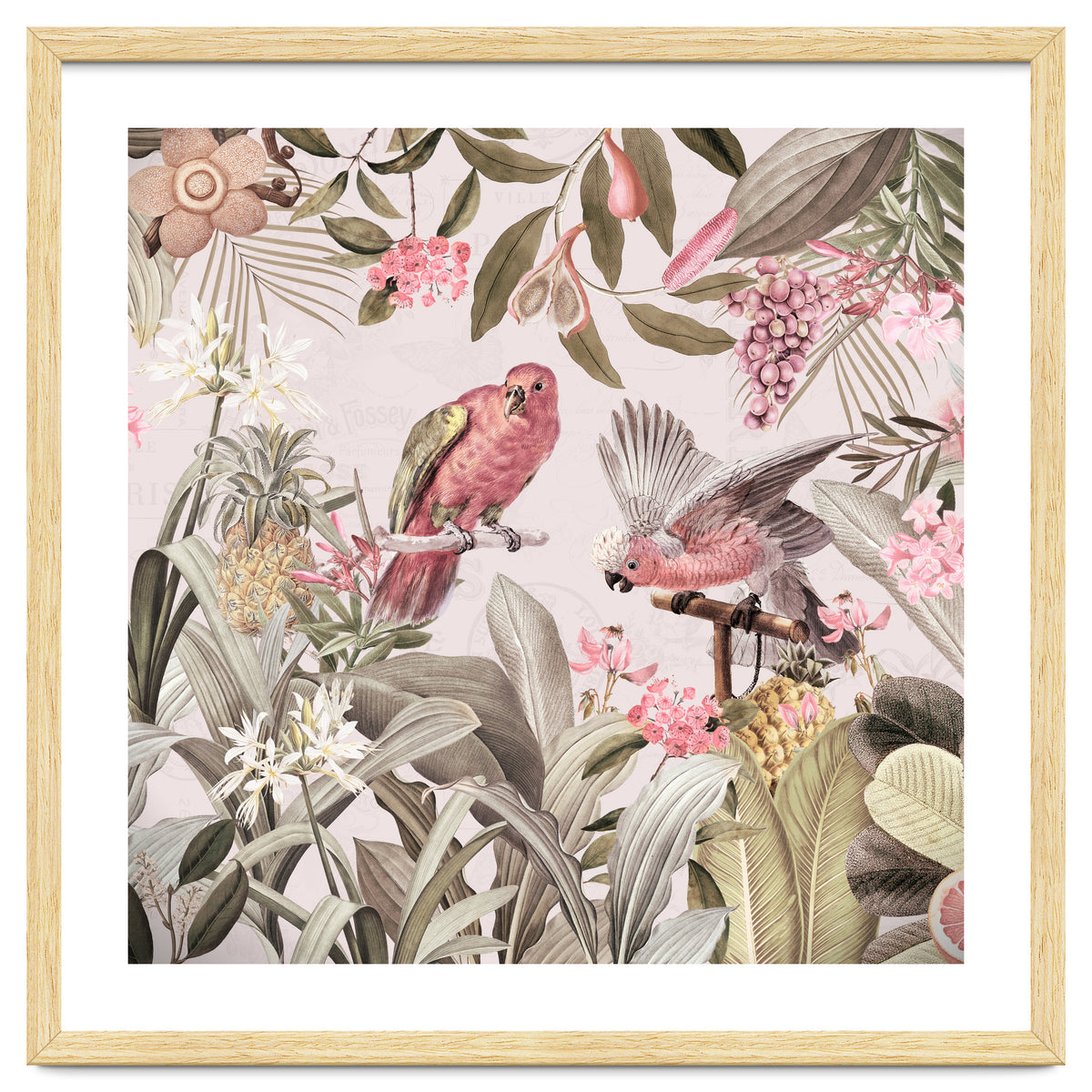 Colorful Parrots In Flower And Fruit Tropical Jungle