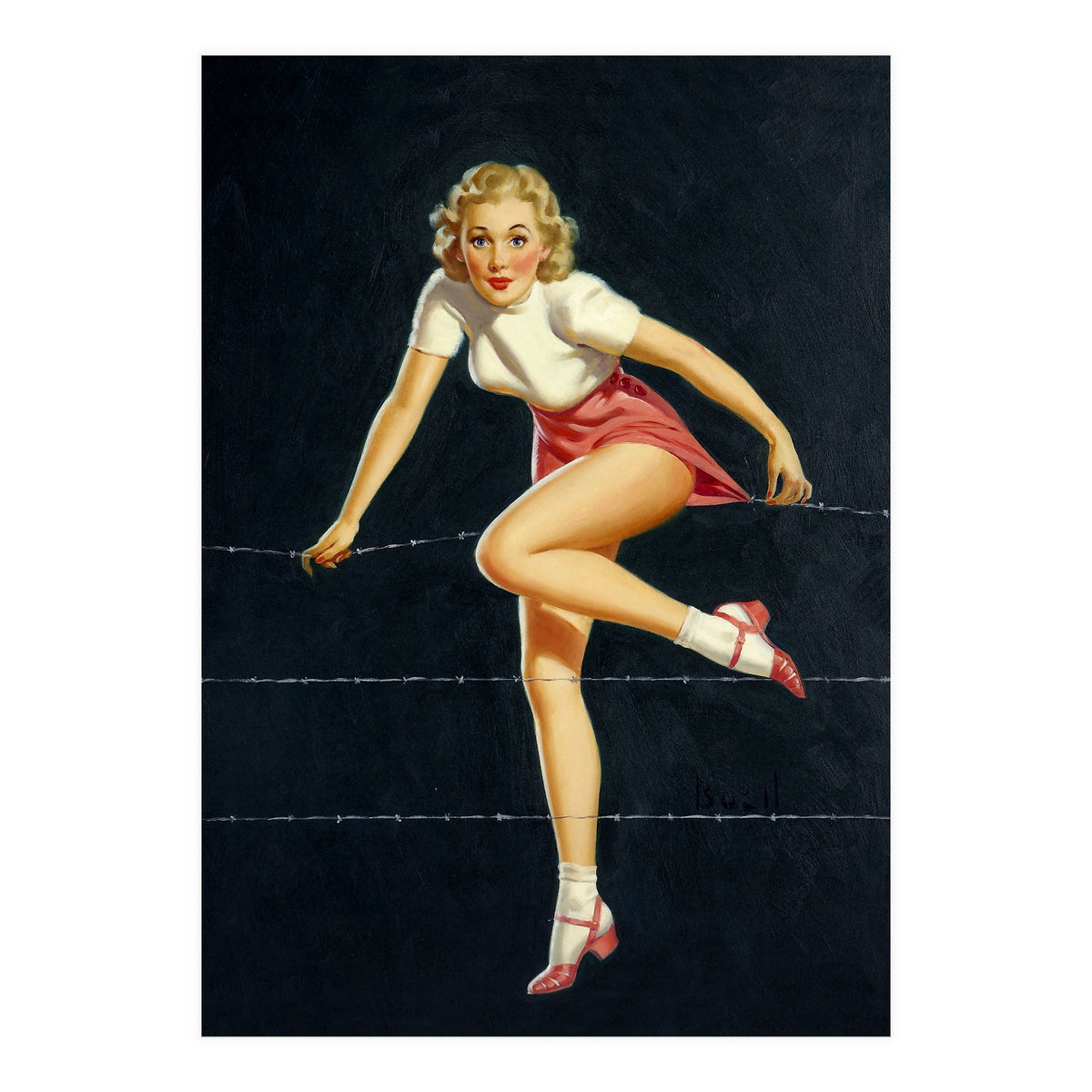 Pinup Girl Crossing The Barbed Wire (Print Only)