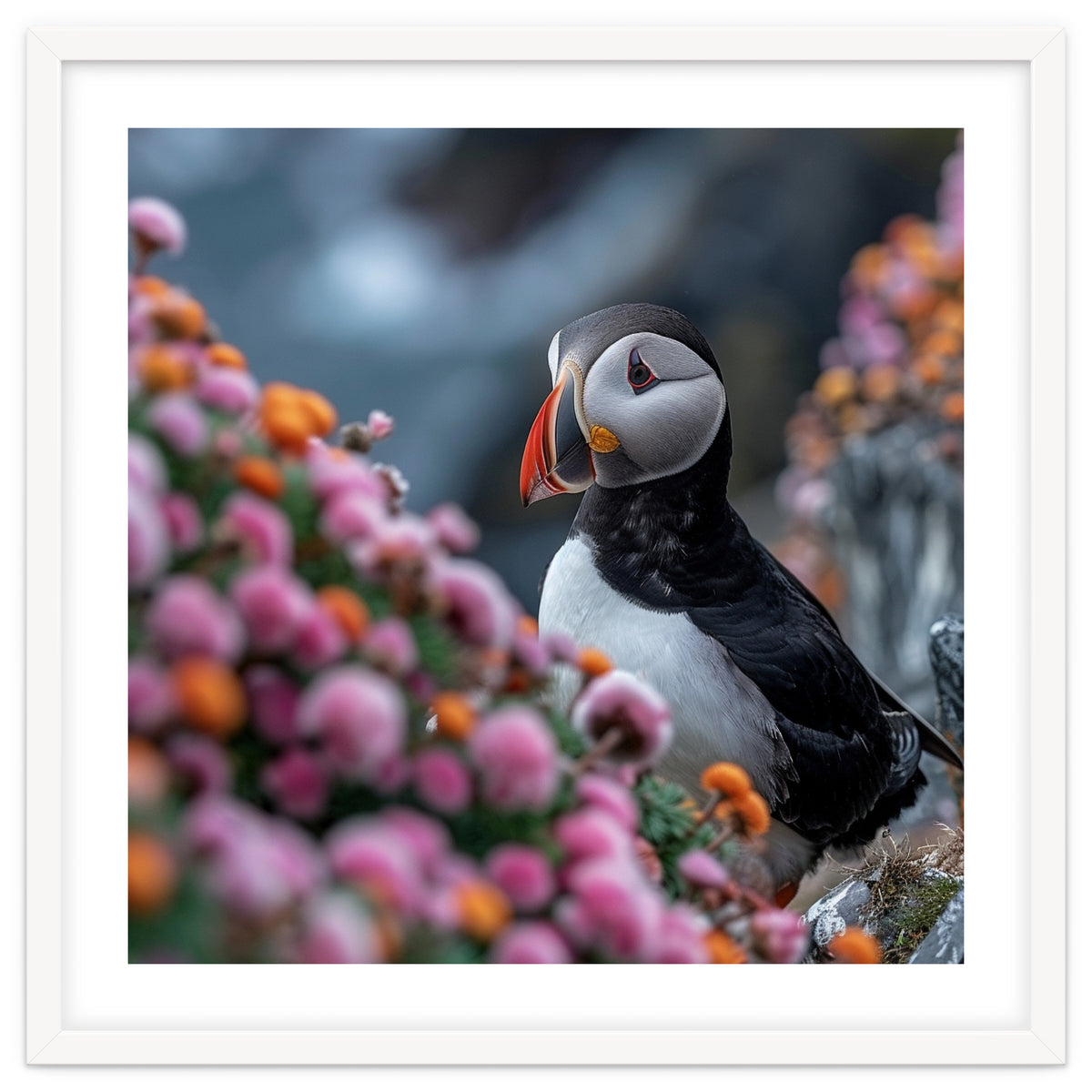 Puffin Bird Among Colorful Wildflowers In Bloom