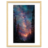 Magical Milky Way Night Sky over Pine Forest Silhouette Art
