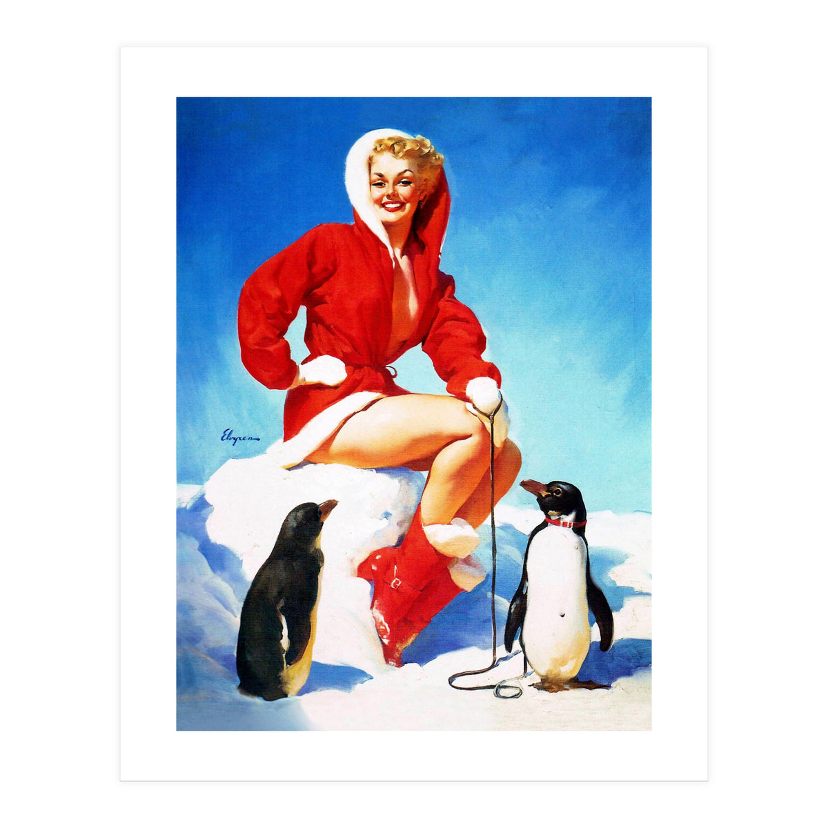 Pinup Sexy Woman Posing With Two Penguins (Print Only)