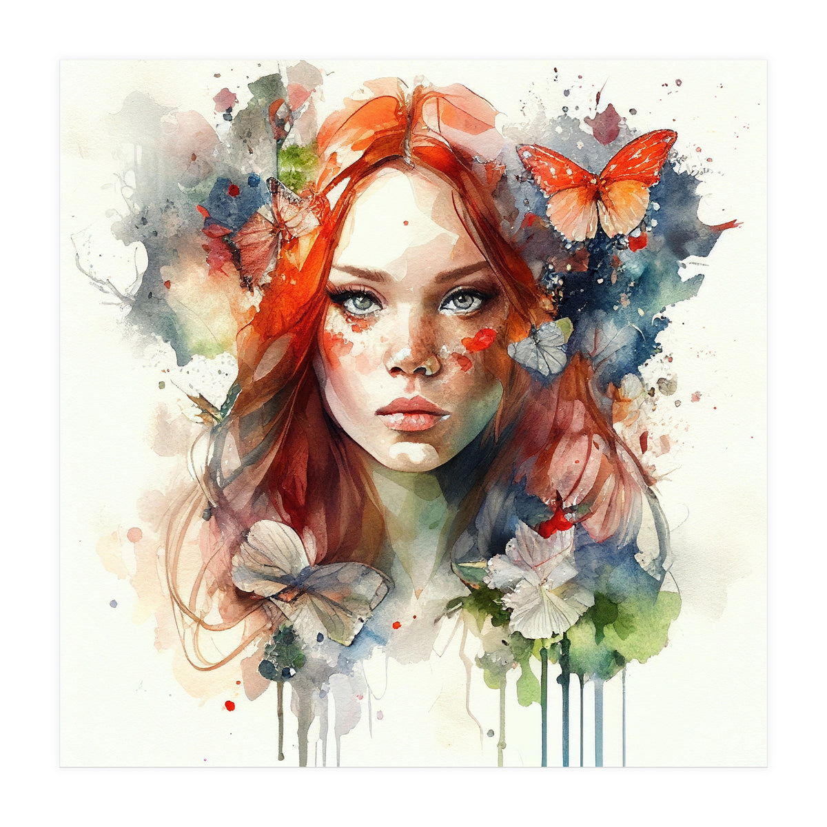 Watercolor Floral Red Hair Woman #7 (Print Only)