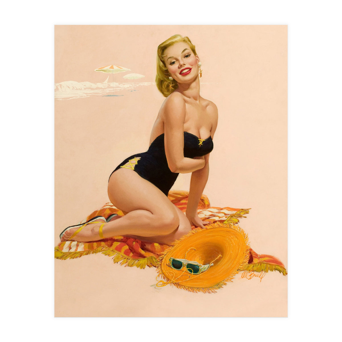 Pinup Woman Is Posing On A Beach (Print Only)