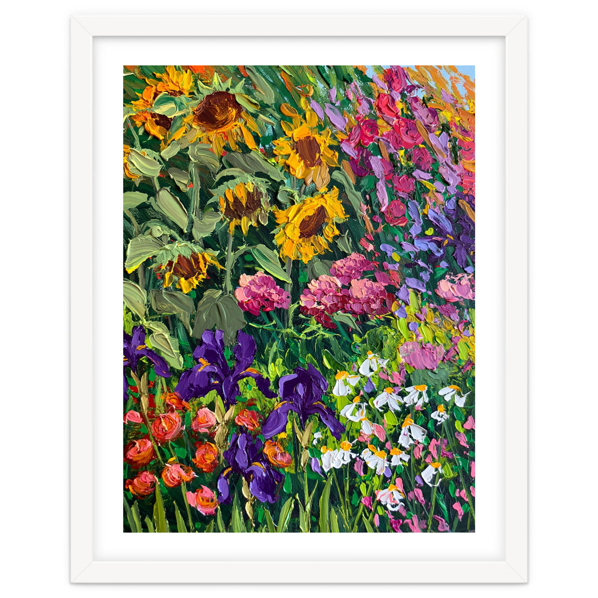 Vibrant Summer Sunflower and Iris Meadow Oil Painting
