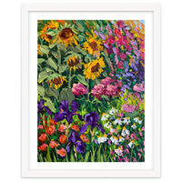 Vibrant Summer Sunflower and Iris Meadow Oil Painting