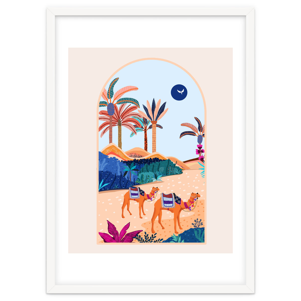 The Arabian Desert, Nature Landscape Travel Illustration, Camels Eclectic Sand Dunes Dubai Palm, Sahara Middle East Hot Summer Animals Bohemian