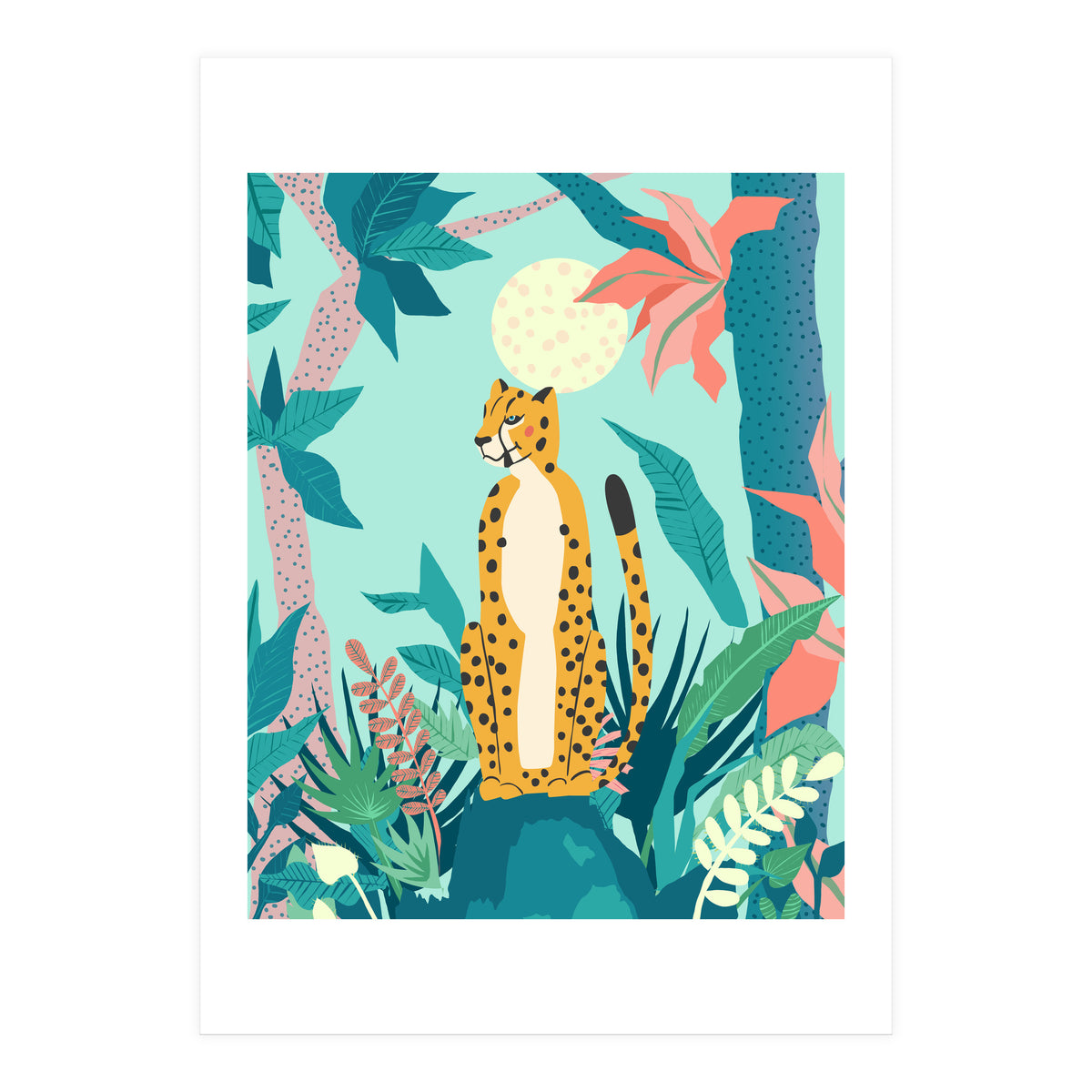 Leopard Forest, Pastel Tropical Jungle Nature Botanical, Moon Eclectic Colorful Wild Animals Boho (Print Only)